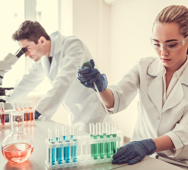 Techniciens travaillant en laboratoire biomédical